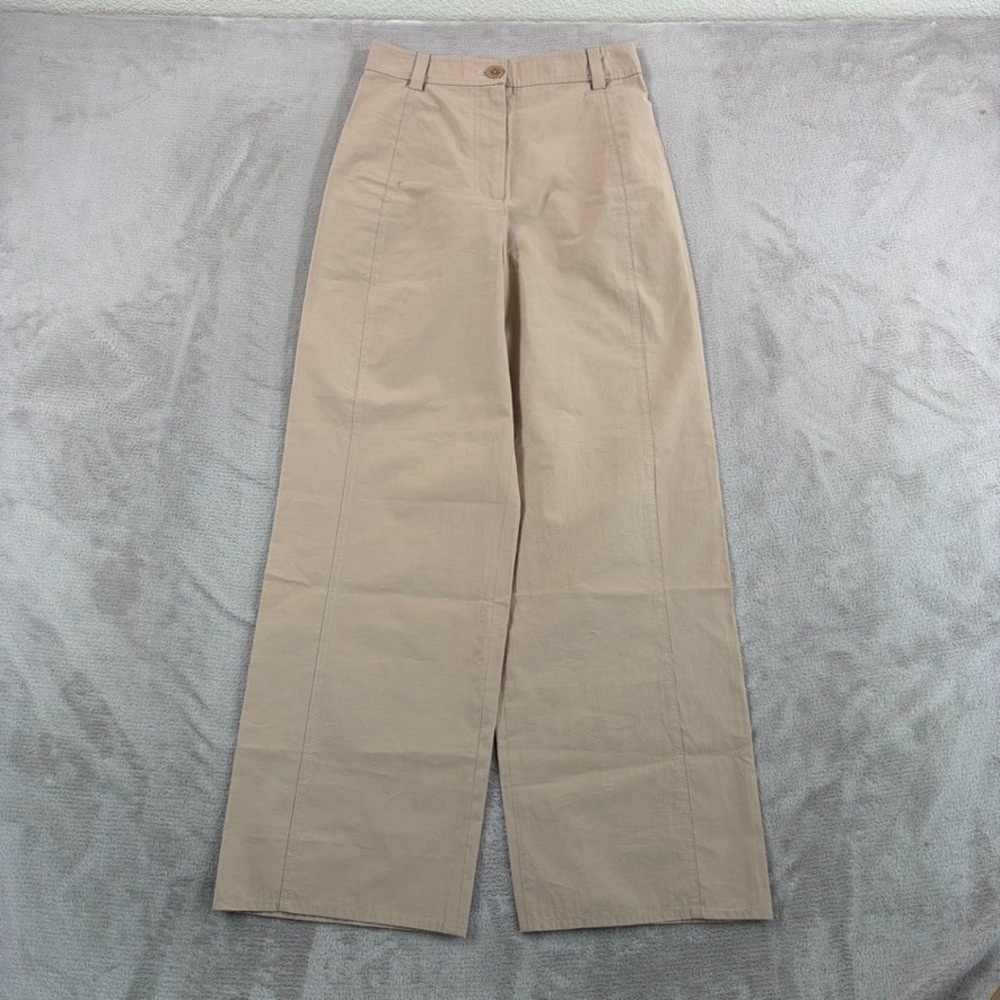 Zara High Waisted Wide Leg Trouser Pants Women XS Beige Flat Front Travel Office